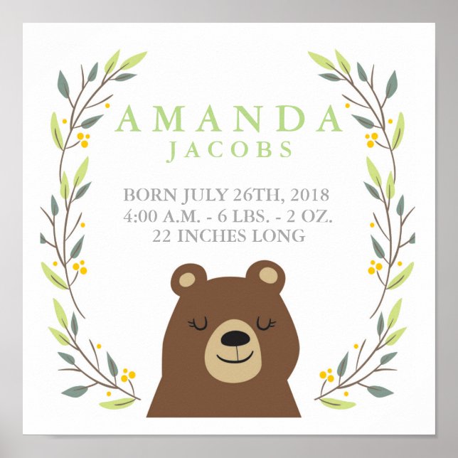 Woodland Bear Baby Stats Poster (Front)