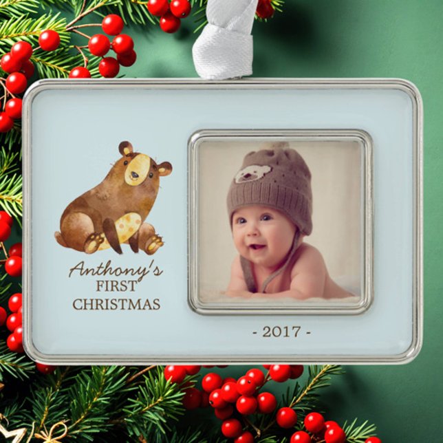 Woodland Bear Baby's 1st Christmas Photo Ornament (Creator Uploaded)