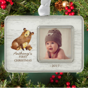 Woodland Bear Baby's 1st Christmas Photo Ornament