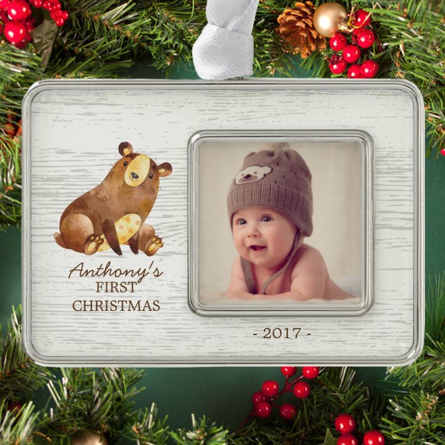 Woodland Bear Baby's 1st Christmas Photo Ornament (Creator Uploaded)