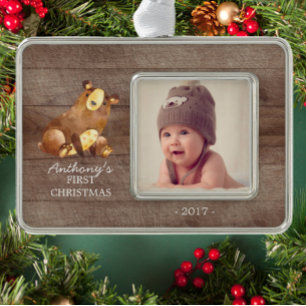 Woodland Bear Baby's 1st Christmas Photo Ornament