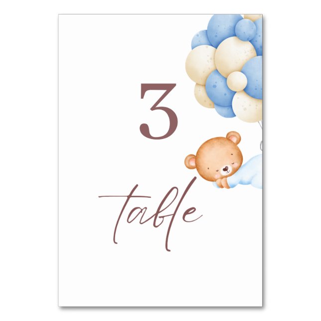 Woodland Bear Balloons Boy 1st Birthday   Table Number (Front)