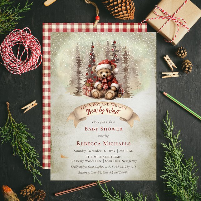 Woodland Bear Bearly Wait Holiday Boy Baby Shower Invitation ("It's A Boy and We Can Bearly Wait" Baby Shower rustic woodland Christmas holiday invitation design.)