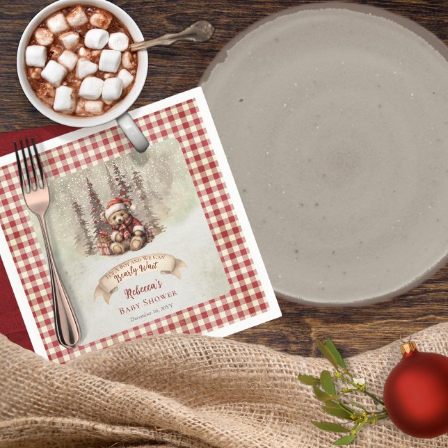 Woodland Bear Bearly Wait Holiday Boy Baby Shower Napkin ("It's A Boy and We Can Bearly Wait" Baby Shower rustic woodland Christmas holiday design)
