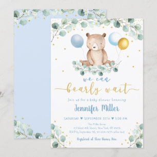 Woodland Bear Blue Gold Greenery Baby Shower Invitation