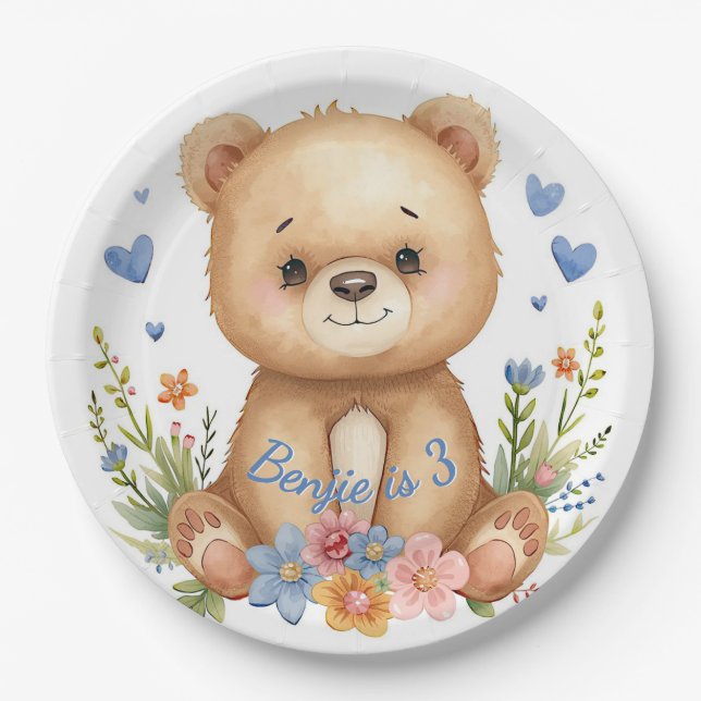 Woodland Bear Blue Theme for Boys Birthday Party Paper Plate (Front)