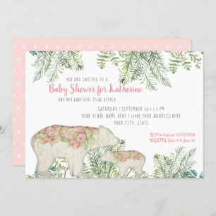 Woodland Bear Boho Floral Baby Girl Shower Invitation