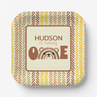 Woodland Bear Boho Rainbow First Birthday Paper Plate