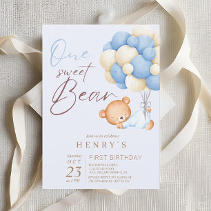 Woodland Bear Boy 1st Birthday Party Pastel Invitation