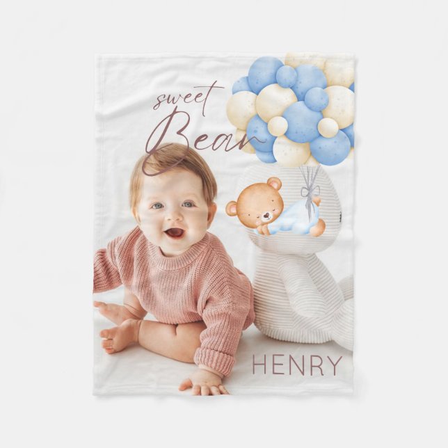 Woodland Bear Boy 1st Birthday Party Pastel Photo  Fleece Blanket (Front)