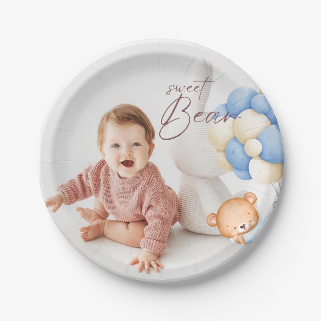 Woodland Bear Boy 1st Birthday Party Pastel Photo Paper Plate (Front)