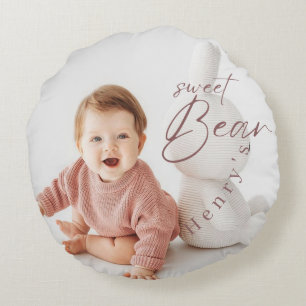 Woodland Bear Boy 1st Birthday Party Pastel Photo Round Cushion