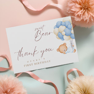 Woodland Bear Boy 1st Birthday Party Pastel Thank You Card