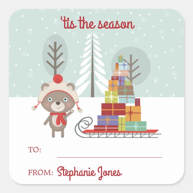 Woodland Bear Christmas Square Sticker (Front)