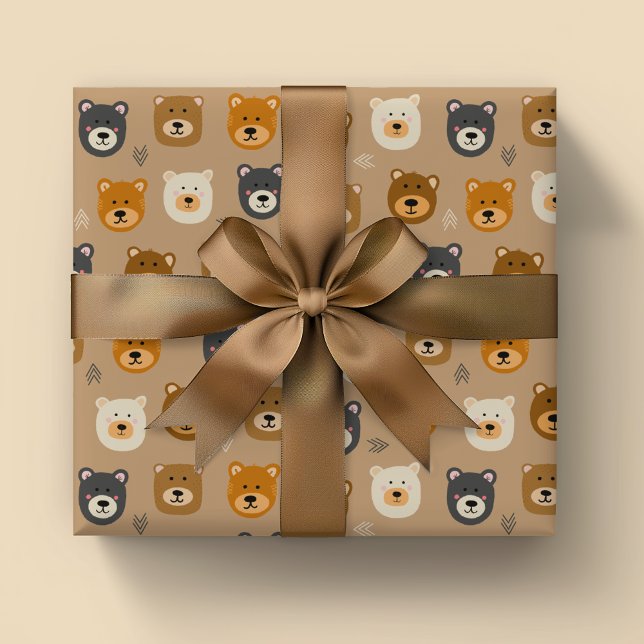 Woodland Bear cute kids Wrapping Paper (Cute bear head wrapping paper rolls ideal for boys birthday, new baby gifts or baby shower)