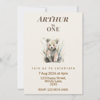 Woodland Bear First Birthday Invitation
