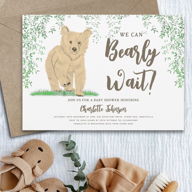 Woodland Bear Gender Neutral Baby Shower Invitation (Woodland bear we can bearly wait gender neutral baby shower invitation)