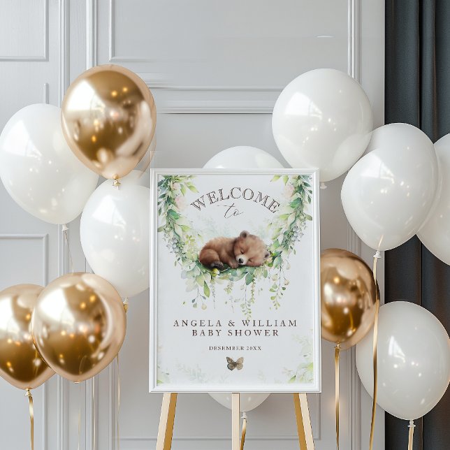 Woodland Bear Greenery Baby Boy Shower Welcome Poster (Creator Uploaded)