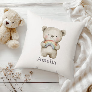 Woodland Bear Holding A Boho Rainbow Cute Cushion