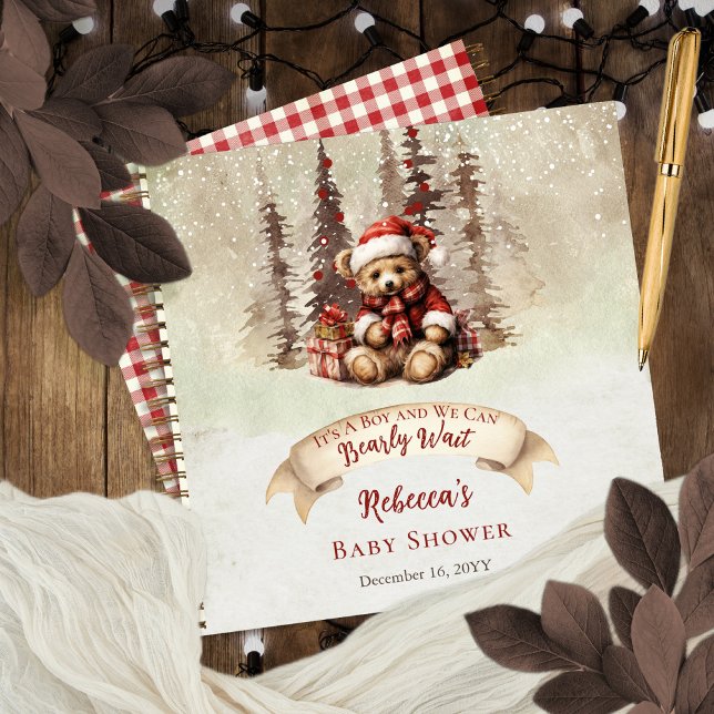 Woodland Bear Holiday Boy Baby Shower Guest Book ("It's A Boy and We Can Bearly Wait" Baby Shower rustic woodland Christmas Holiday Guest Book design)