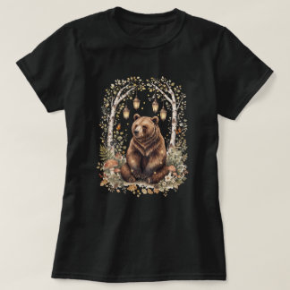 Woodland Bear Lantern Forest Art T-Shirt