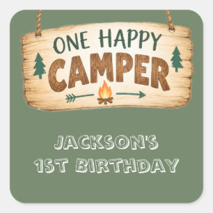 Woodland Bear One Happy Camper 1st Birthday Square Sticker