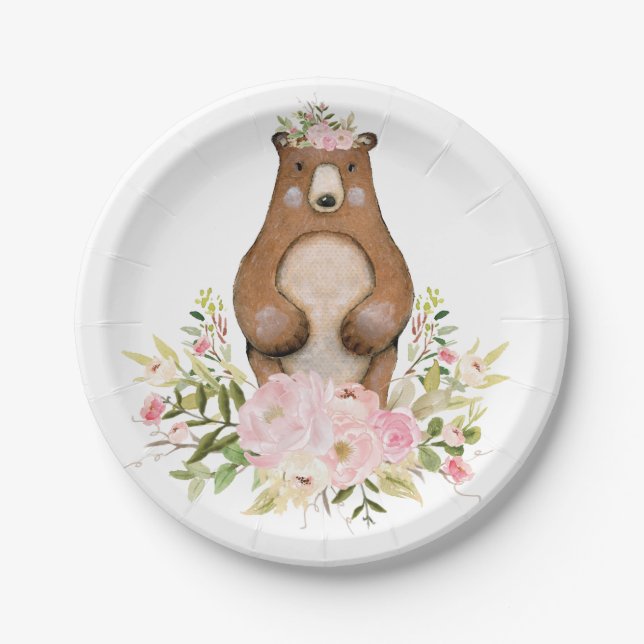 Woodland Bear Pink Floral Forest Girl Baby Shower Paper Plate (Front)