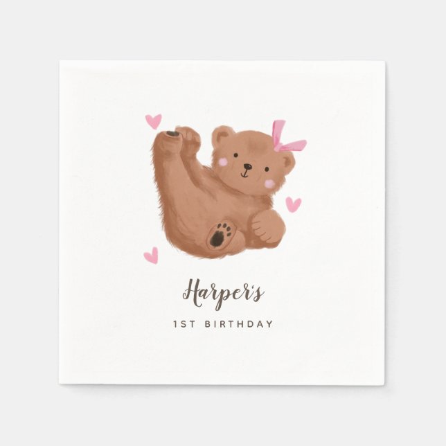 Woodland Bear Theme Girl Birthday Party   Napkin (Front)