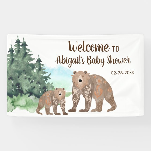 Woodland Bears Neutral Watercolor Baby Shower Banner (Horizontal)