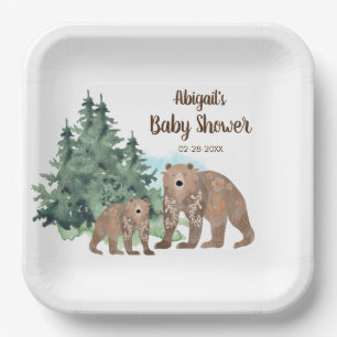 Woodland Bears Neutral Watercolor Baby Shower Paper Plate
