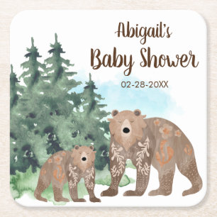 Woodland Bears Neutral Watercolor Baby Shower Square Paper Coaster