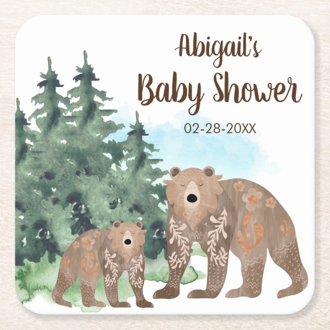 Woodland Bears Neutral Watercolor Baby Shower Square Paper Coaster (Front)