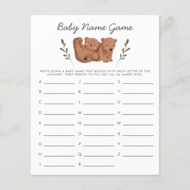 Woodland Bears Twins Baby Name Shower Game (Front)