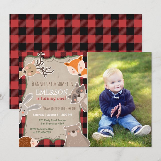Woodland Birthday Invitation Lumberjack Fox Bear (Front/Back)
