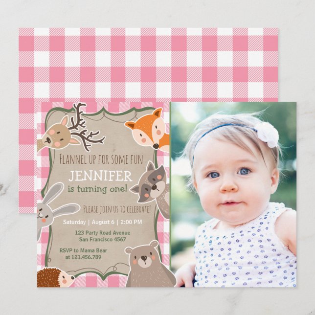 Woodland Birthday Invitation Lumberjack Girl Pink (Front/Back)