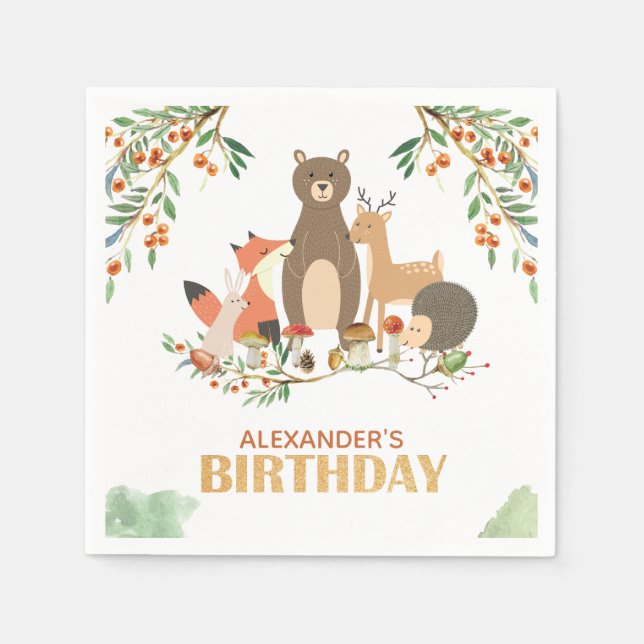 Woodland Birthday Party Animals Gold Napkin (Front)