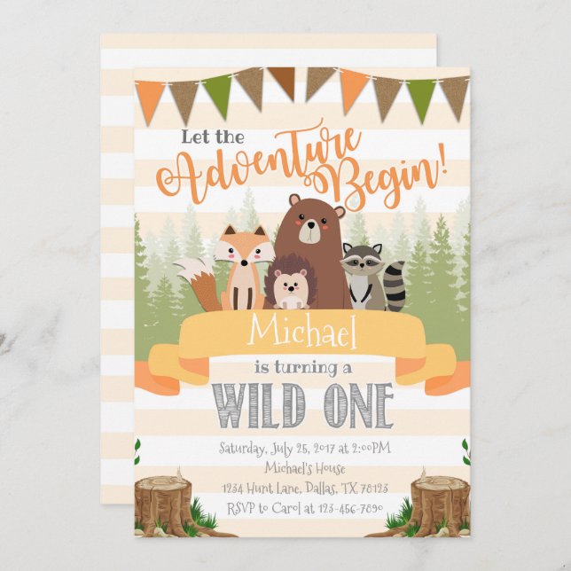 Woodland Birthday Party Invitation Invite Natural (Front/Back)