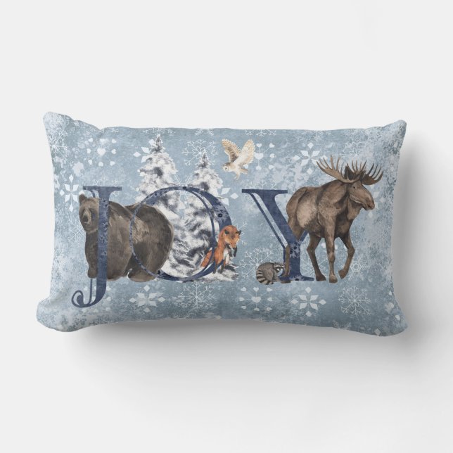 Woodland Blue Bear Moose JOY Snowflake Lumbar Cushion (Front)