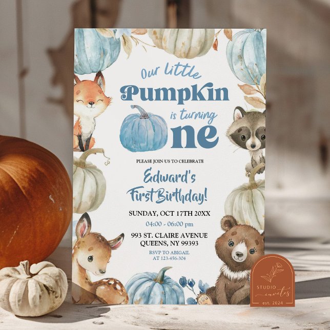 Woodland Blue Boho Pumpkin Boy 1st Birthday Invitation (Creator Uploaded)