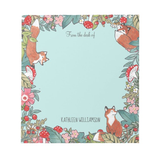 Woodland Blue Fox Foxes Forest Leaf Personalised Notepad (Front)