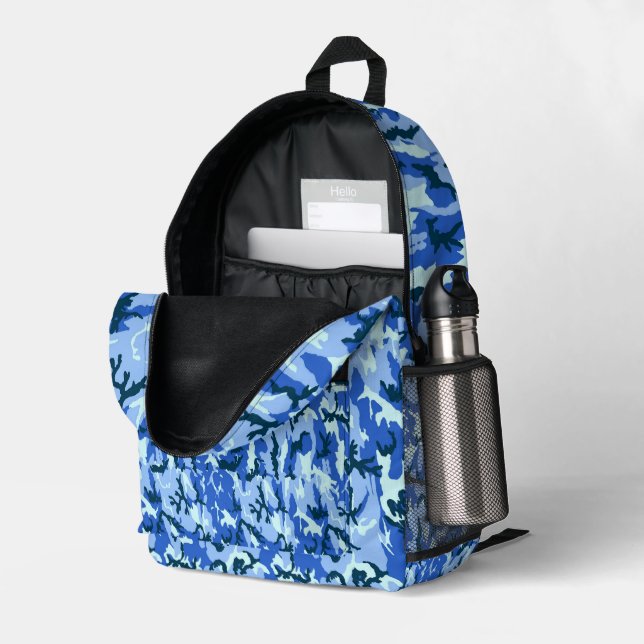 Woodland Blue Military Camouflage Printed Backpack (Back Corner Right (Open))
