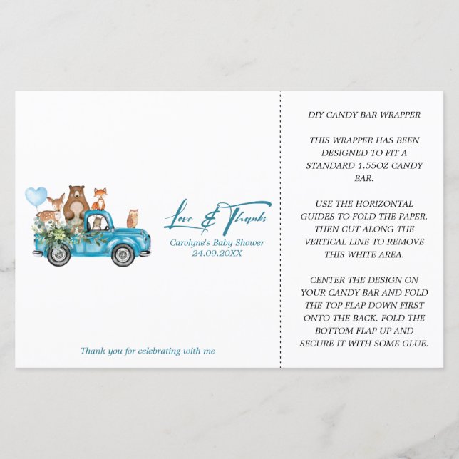 Woodland Blue Truck Baby Shower Candy Bar Wrapper (Front)