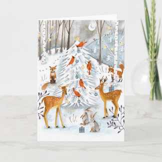 Woodland blue & white Tree and animals Forest Holiday Card