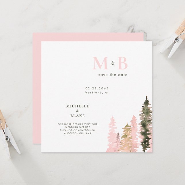 Woodland Blush Monogram Save the Date Square (Front/Back In Situ)