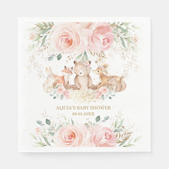 Woodland Blush Pink Floral Baby Shower Birthday  Napkin (Front)