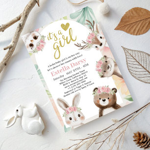 Woodland Boho Girl Baby Shower with Pink Floral  Invitation