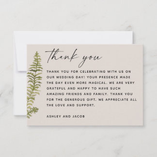 Woodland Botanical Wedding | Elegant Forest Fern Thank You Card