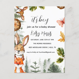 Woodland Boy Baby Shower Invitation, Forest Animal Postcard