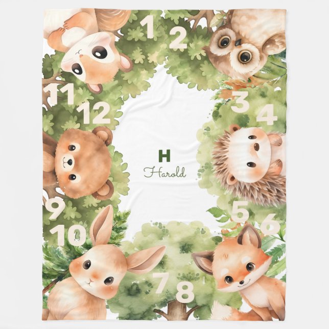 Woodland Boy Baby Shower Milestone Fleece Blanket (Front)