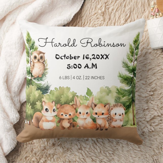 Woodland Boy Birth Stats Announcement Cushion (Blanket)